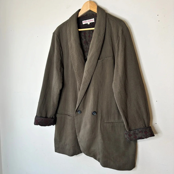 Free People Deep Army Green Rowan Slubbed Cotton Blazer OB1112308 Size XL - Picture 11 of 11